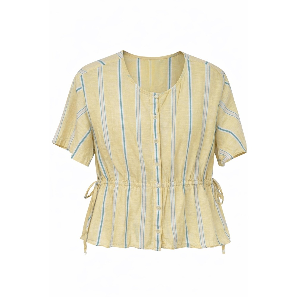 Madewell Yellow Striped Tie Waist Blouse Medium Cotton Short Sleeve Top
